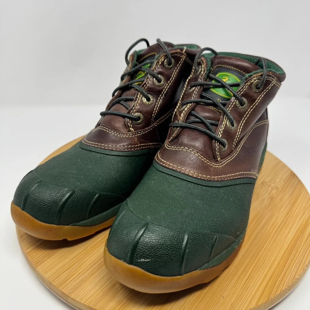 John‎ Deere Mens Leather Duck Boots Green Brown Lace Up Ankle JD3413 Size 10M